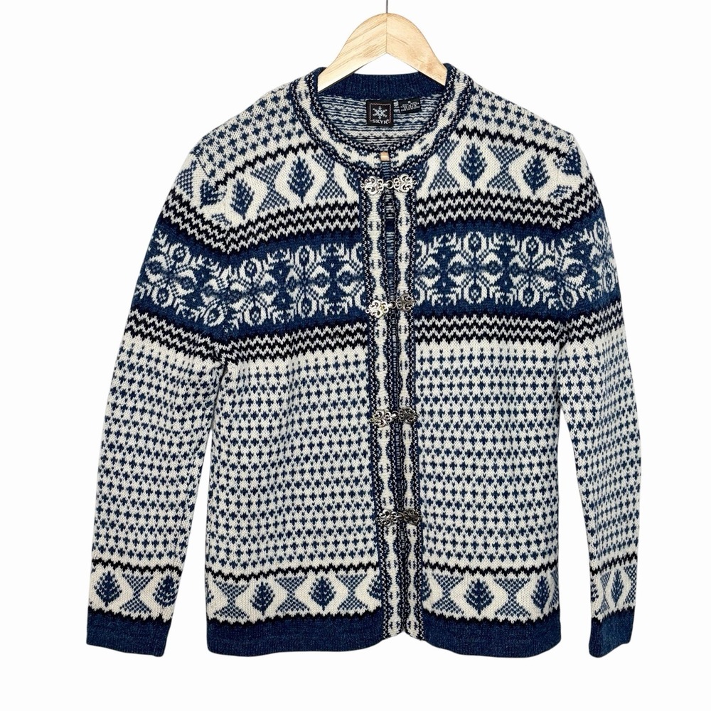 Skyr Fair Isle Nordic Cardigan Sweater Blue White Womens Size Small Wool Ski
